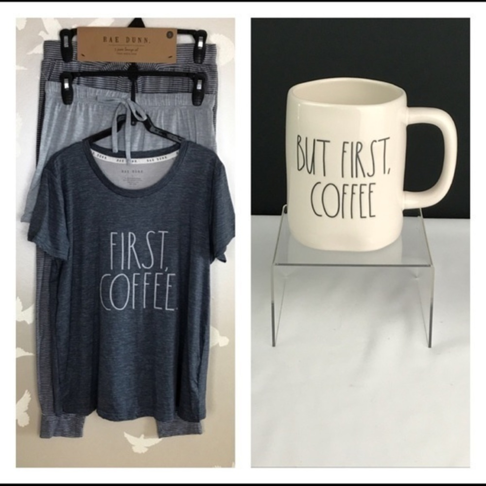 Rae Dunn,  ‘First Coffee’ PJ set/mug bundle. SZ: Large. NWT.